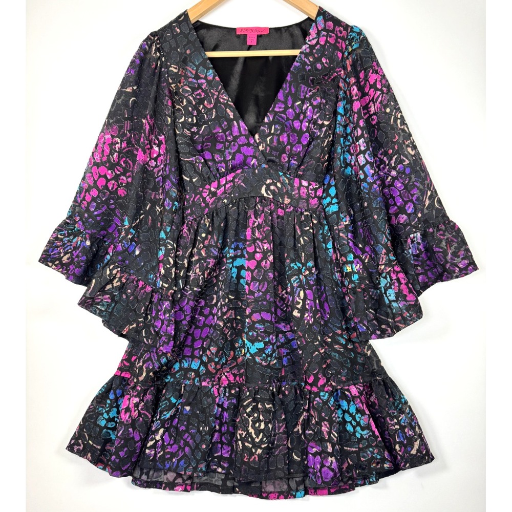Betsey Johnson Fit Flare Dress 4 Black Purple Burnout Animal Print Smocked Y2K